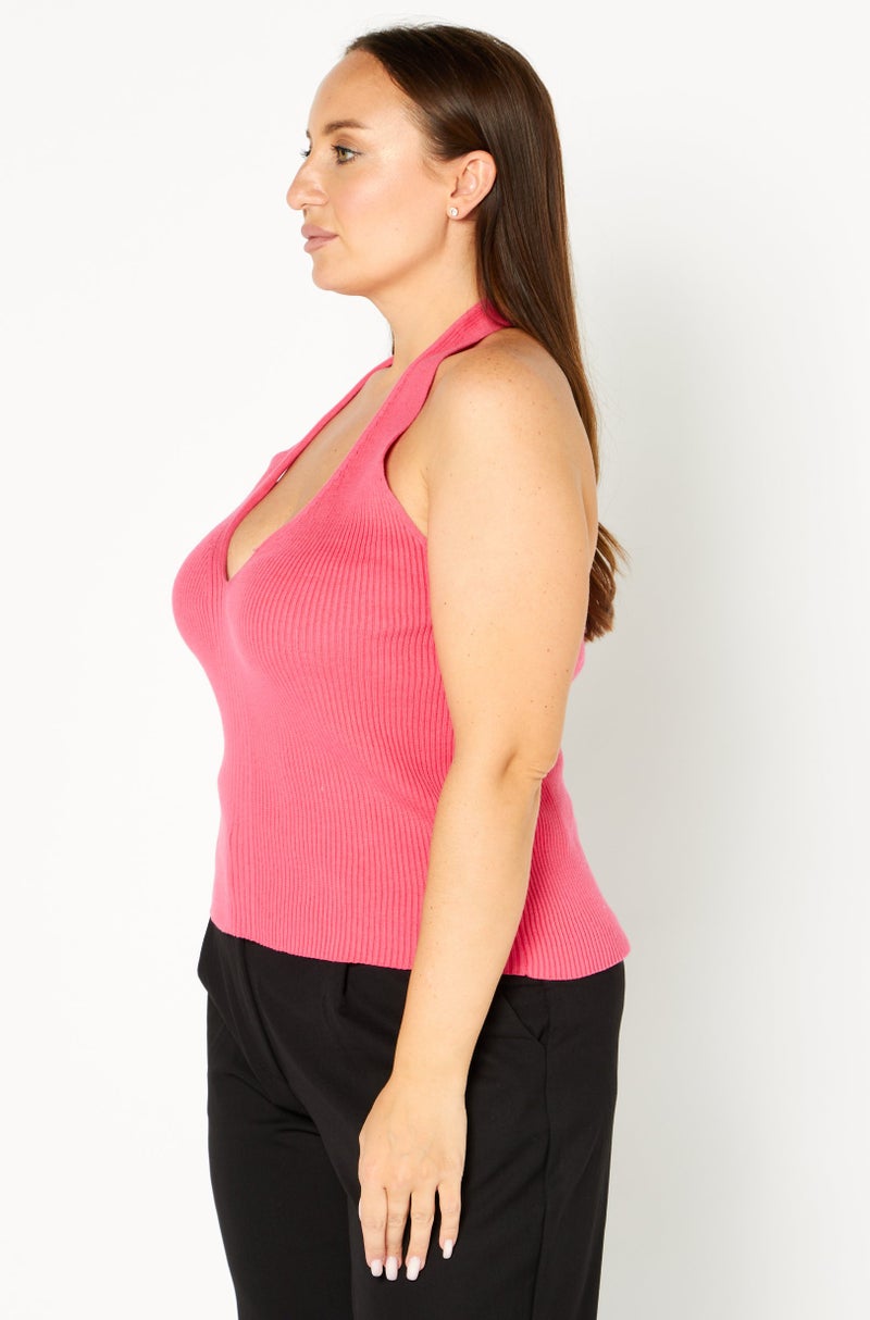 GLAMOROUS Women Halter Neck Sleeveless Knitted Top, Pink - Image 2